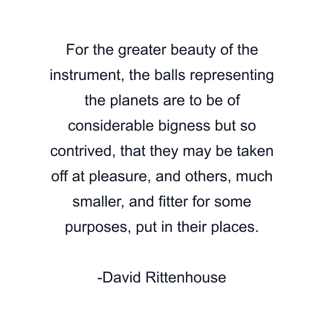 For the greater beauty of the instrument, the balls representing the planets are to be of considerable bigness but so contrived, that they may be taken off at pleasure, and others, much smaller, and fitter for some purposes, put in their places.