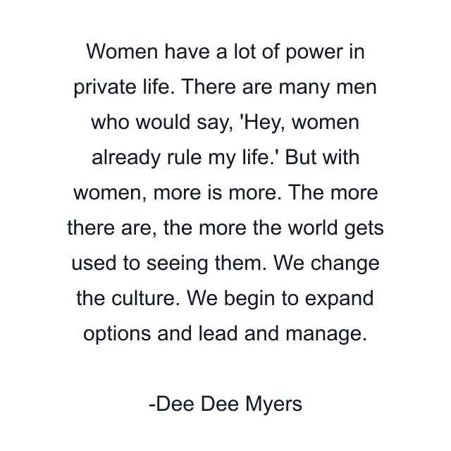 Women have a lot of power in private life. There are many men who would say, 'Hey, women already rule my life.' But with women, more is more. The more there are, the more the world gets used to seeing them. We change the culture. We begin to expand options and lead and manage.