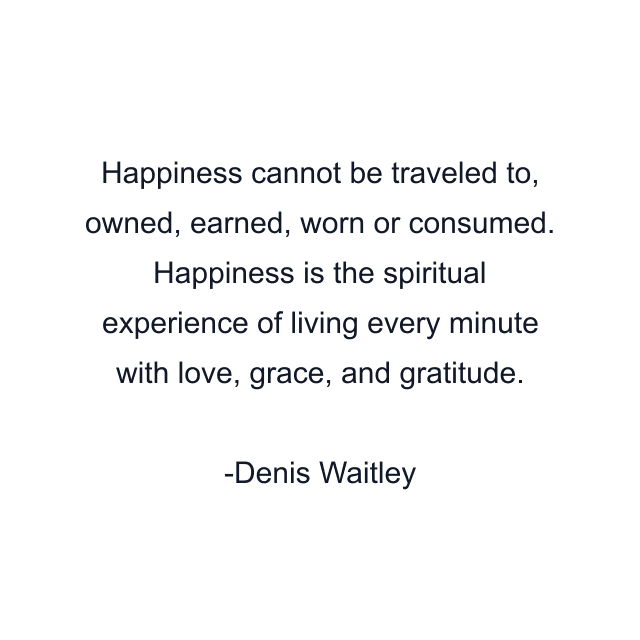 Happiness cannot be traveled to, owned, earned, worn or consumed. Happiness is the spiritual experience of living every minute with love, grace, and gratitude.