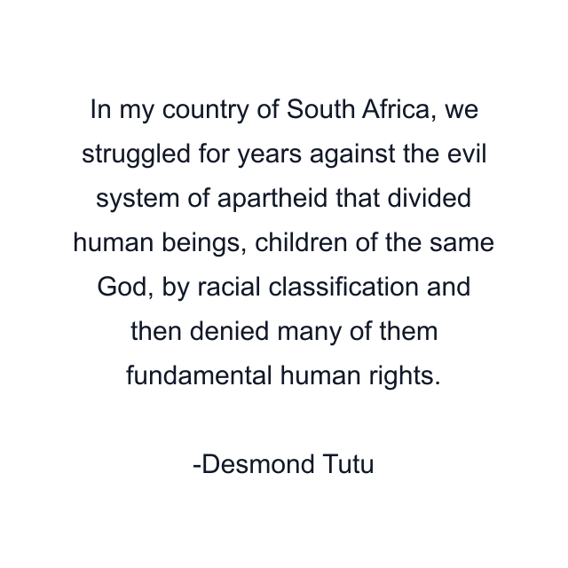 In my country of South Africa, we struggled for years against the evil system of apartheid that divided human beings, children of the same God, by racial classification and then denied many of them fundamental human rights.