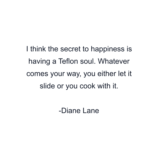 I think the secret to happiness is having a Teflon soul. Whatever comes your way, you either let it slide or you cook with it.