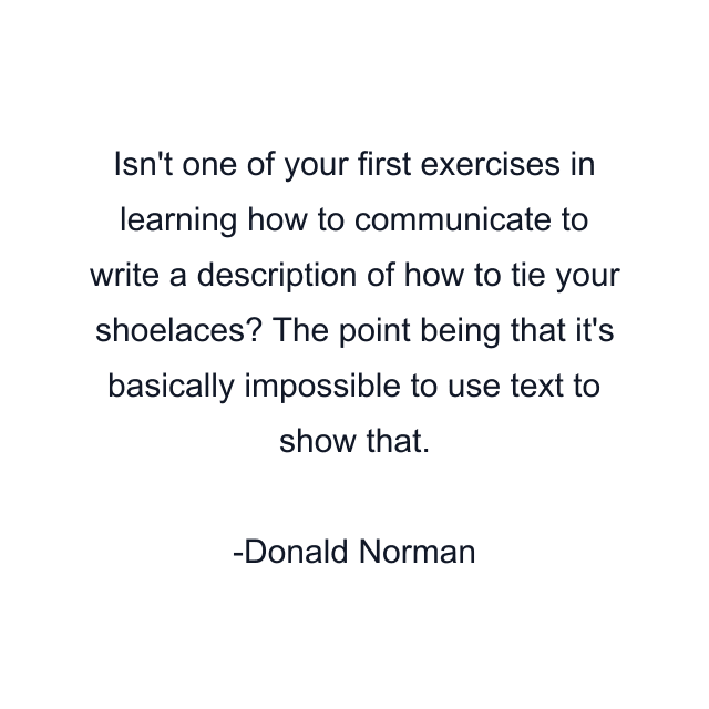 Isn't one of your first exercises in learning how to communicate to write a description of how to tie your shoelaces? The point being that it's basically impossible to use text to show that.