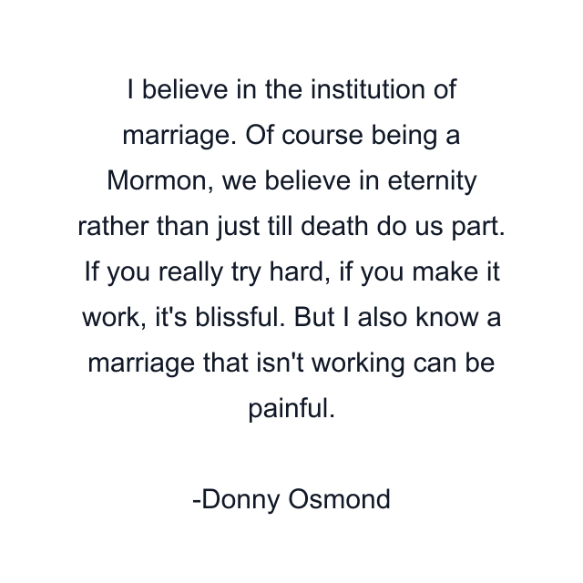 I believe in the institution of marriage. Of course being a Mormon, we believe in eternity rather than just till death do us part. If you really try hard, if you make it work, it's blissful. But I also know a marriage that isn't working can be painful.