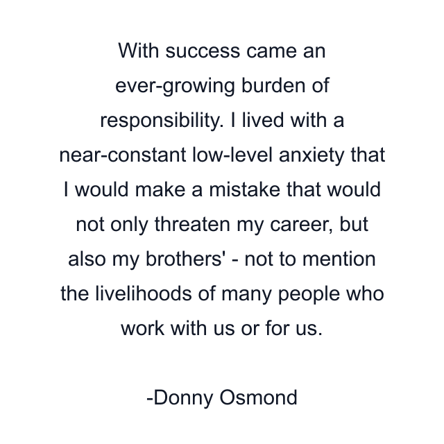 With success came an ever-growing burden of responsibility. I lived with a near-constant low-level anxiety that I would make a mistake that would not only threaten my career, but also my brothers' - not to mention the livelihoods of many people who work with us or for us.