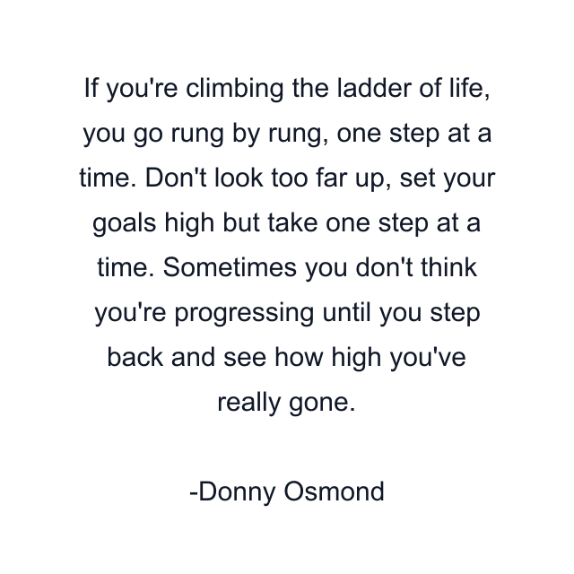 If you're climbing the ladder of life, you go rung by rung, one step at a time. Don't look too far up, set your goals high but take one step at a time. Sometimes you don't think you're progressing until you step back and see how high you've really gone.