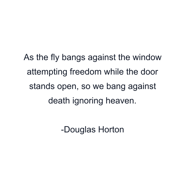 As the fly bangs against the window attempting freedom while the door stands open, so we bang against death ignoring heaven.