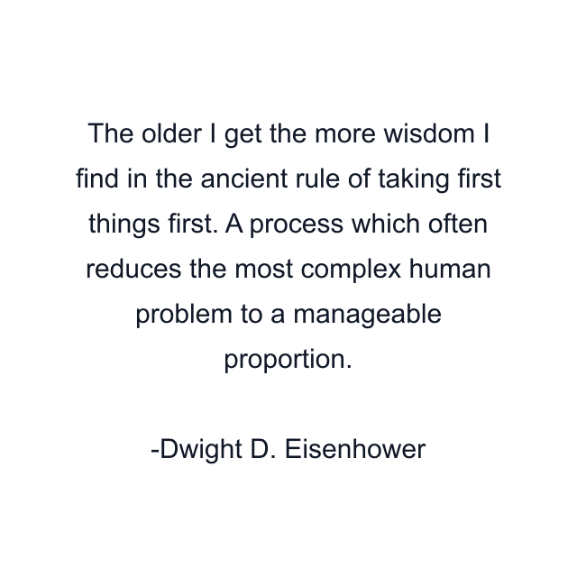 The older I get the more wisdom I find in the ancient rule of taking first things first. A process which often reduces the most complex human problem to a manageable proportion.