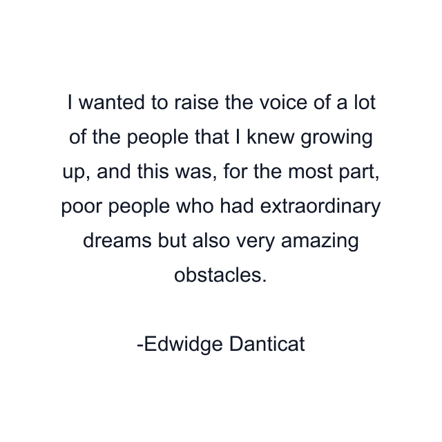 I wanted to raise the voice of a lot of the people that I knew growing up, and this was, for the most part, poor people who had extraordinary dreams but also very amazing obstacles.