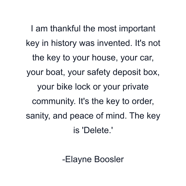 I am thankful the most important key in history was invented. It's not the key to your house, your car, your boat, your safety deposit box, your bike lock or your private community. It's the key to order, sanity, and peace of mind. The key is 'Delete.'