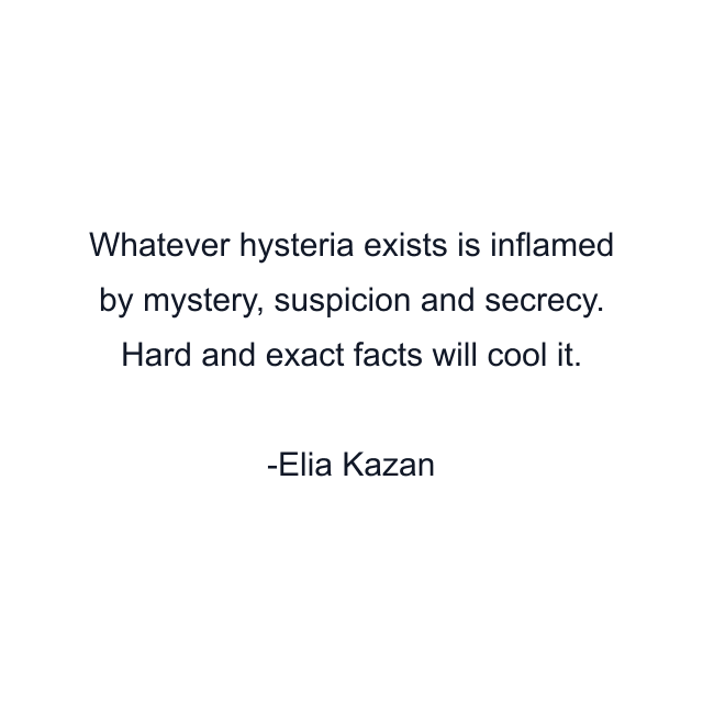 Whatever hysteria exists is inflamed by mystery, suspicion and secrecy. Hard and exact facts will cool it.