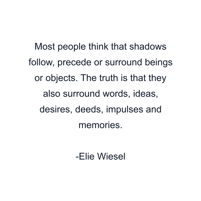 Most people think that shadows follow, precede or surround beings or objects. The truth is that they also surround words, ideas, desires, deeds, impulses and memories.