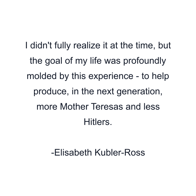 I didn't fully realize it at the time, but the goal of my life was profoundly molded by this experience - to help produce, in the next generation, more Mother Teresas and less Hitlers.