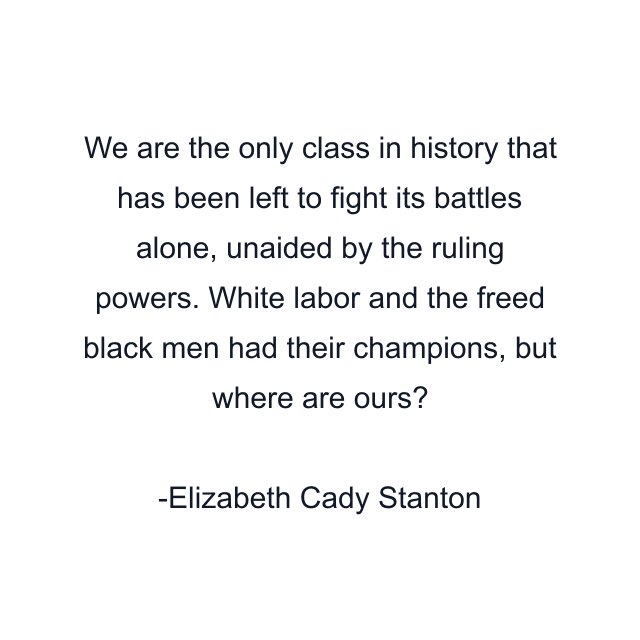 We are the only class in history that has been left to fight its battles alone, unaided by the ruling powers. White labor and the freed black men had their champions, but where are ours?