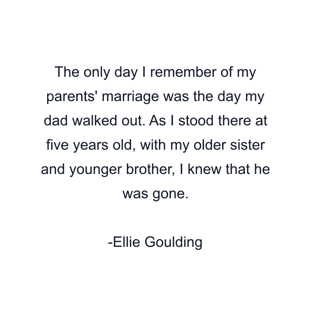 The only day I remember of my parents' marriage was the day my dad walked out. As I stood there at five years old, with my older sister and younger brother, I knew that he was gone.