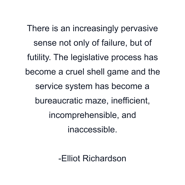 There is an increasingly pervasive sense not only of failure, but of futility. The legislative process has become a cruel shell game and the service system has become a bureaucratic maze, inefficient, incomprehensible, and inaccessible.