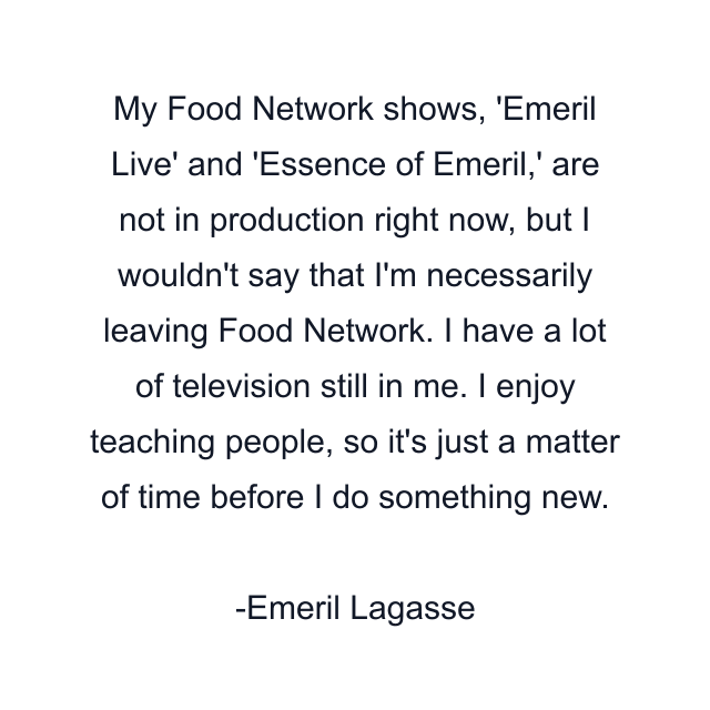 My Food Network shows, 'Emeril Live' and 'Essence of Emeril,' are not in production right now, but I wouldn't say that I'm necessarily leaving Food Network. I have a lot of television still in me. I enjoy teaching people, so it's just a matter of time before I do something new.