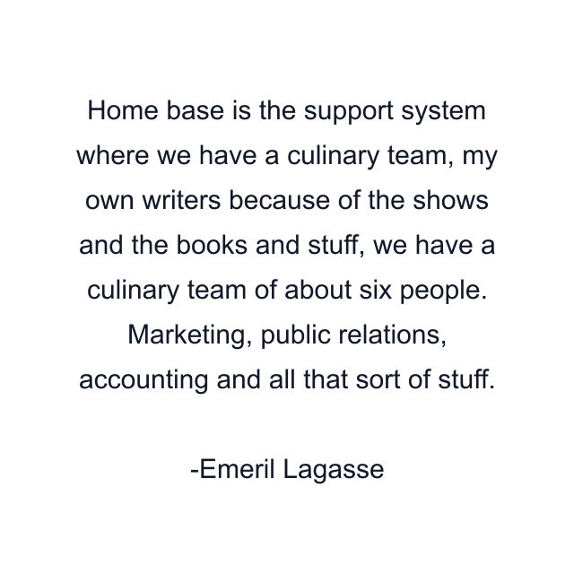 Home base is the support system where we have a culinary team, my own writers because of the shows and the books and stuff, we have a culinary team of about six people. Marketing, public relations, accounting and all that sort of stuff.