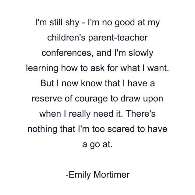 I'm still shy - I'm no good at my children's parent-teacher conferences, and I'm slowly learning how to ask for what I want. But I now know that I have a reserve of courage to draw upon when I really need it. There's nothing that I'm too scared to have a go at.