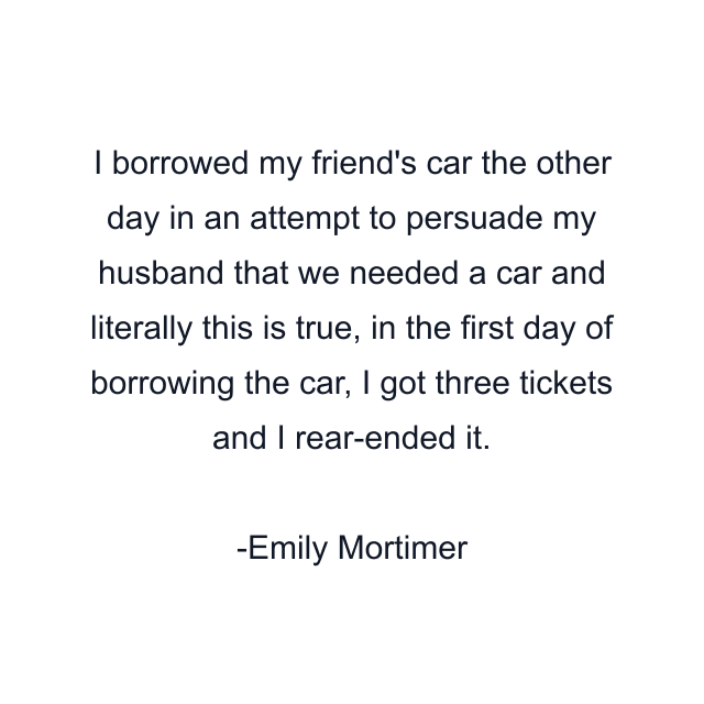 I borrowed my friend's car the other day in an attempt to persuade my husband that we needed a car and literally this is true, in the first day of borrowing the car, I got three tickets and I rear-ended it.