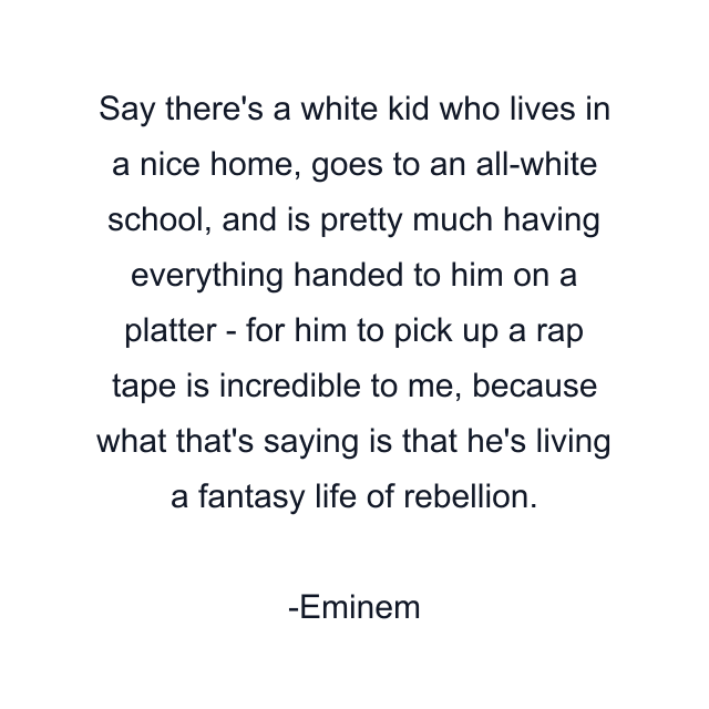 Say there's a white kid who lives in a nice home, goes to an all-white school, and is pretty much having everything handed to him on a platter - for him to pick up a rap tape is incredible to me, because what that's saying is that he's living a fantasy life of rebellion.