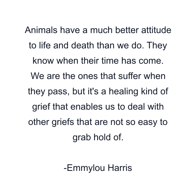 Animals have a much better attitude to life and death than we do. They know when their time has come. We are the ones that suffer when they pass, but it's a healing kind of grief that enables us to deal with other griefs that are not so easy to grab hold of.