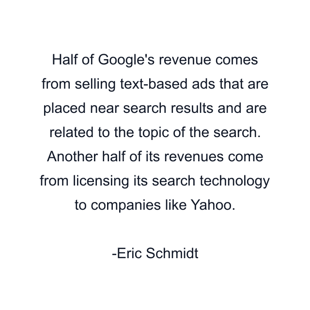 Half of Google's revenue comes from selling text-based ads that are placed near search results and are related to the topic of the search. Another half of its revenues come from licensing its search technology to companies like Yahoo.