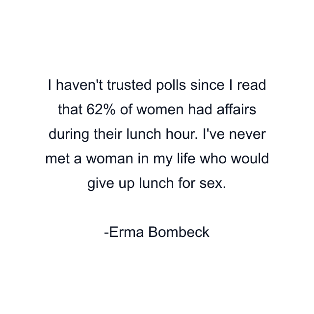 I haven't trusted polls since I read that 62% of women had affairs during their lunch hour. I've never met a woman in my life who would give up lunch for sex.