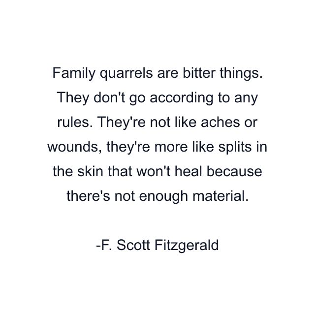 Family quarrels are bitter things. They don't go according to any rules. They're not like aches or wounds, they're more like splits in the skin that won't heal because there's not enough material.