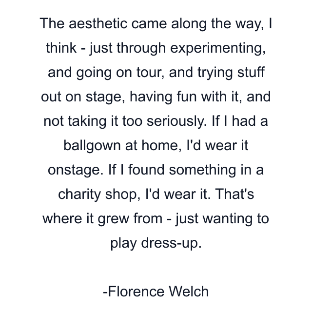 The aesthetic came along the way, I think - just through experimenting, and going on tour, and trying stuff out on stage, having fun with it, and not taking it too seriously. If I had a ballgown at home, I'd wear it onstage. If I found something in a charity shop, I'd wear it. That's where it grew from - just wanting to play dress-up.