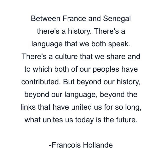 Between France and Senegal there's a history. There's a language that we both speak. There's a culture that we share and to which both of our peoples have contributed. But beyond our history, beyond our language, beyond the links that have united us for so long, what unites us today is the future.