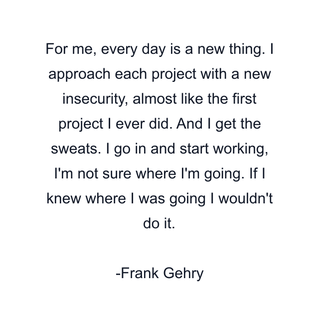 For me, every day is a new thing. I approach each project with a new insecurity, almost like the first project I ever did. And I get the sweats. I go in and start working, I'm not sure where I'm going. If I knew where I was going I wouldn't do it.