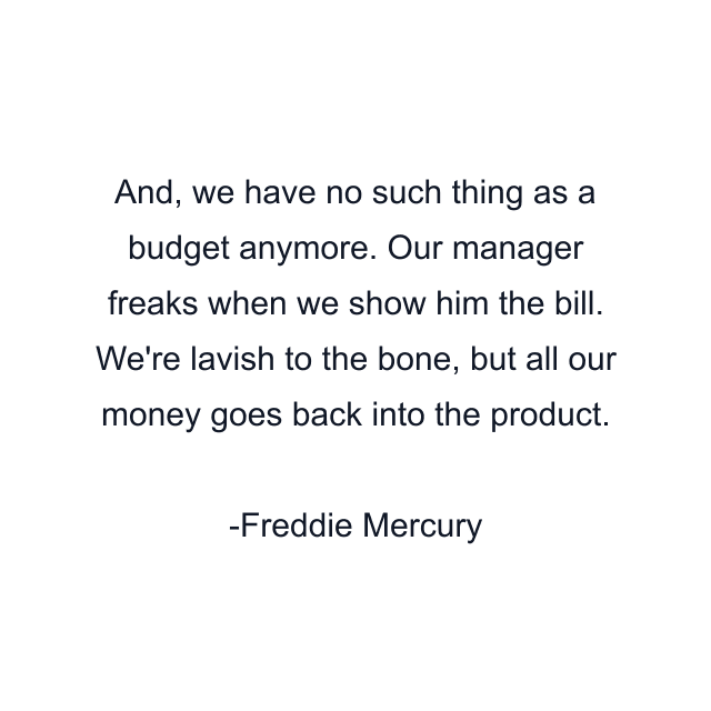 And, we have no such thing as a budget anymore. Our manager freaks when we show him the bill. We're lavish to the bone, but all our money goes back into the product.