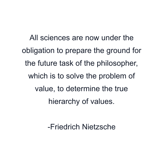 All sciences are now under the obligation to prepare the ground for the future task of the philosopher, which is to solve the problem of value, to determine the true hierarchy of values.