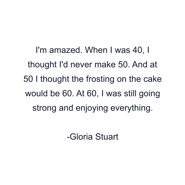 I'm amazed. When I was 40, I thought I'd never make 50. And at 50 I thought the frosting on the cake would be 60. At 60, I was still going strong and enjoying everything.