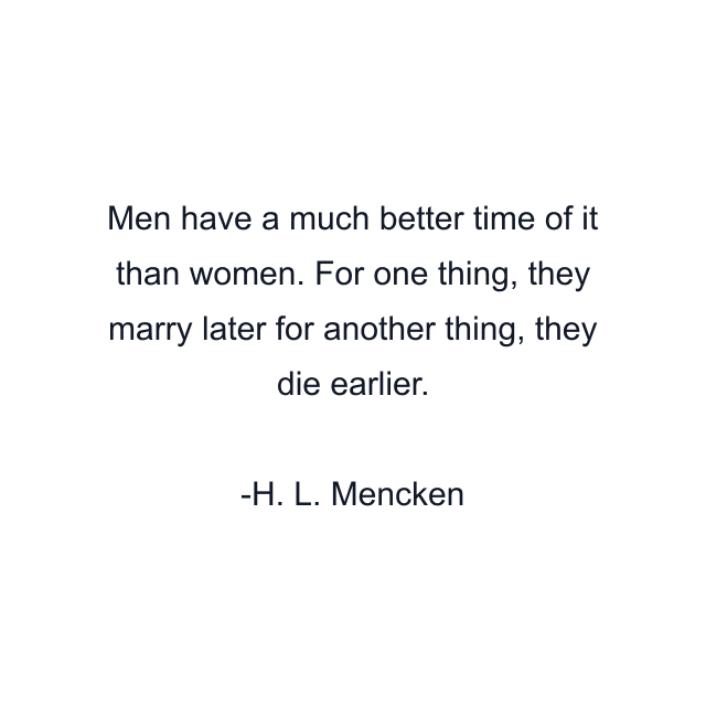 Men have a much better time of it than women. For one thing, they marry later for another thing, they die earlier.