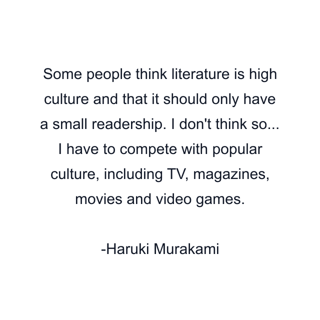 Some people think literature is high culture and that it should only have a small readership. I don't think so... I have to compete with popular culture, including TV, magazines, movies and video games.