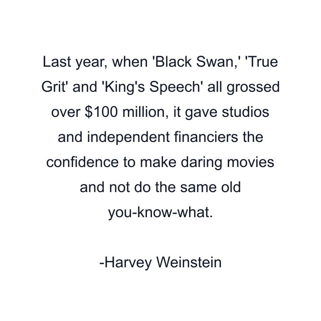 Last year, when 'Black Swan,' 'True Grit' and 'King's Speech' all grossed over $100 million, it gave studios and independent financiers the confidence to make daring movies and not do the same old you-know-what.