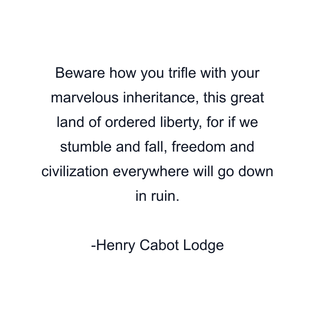 Beware how you trifle with your marvelous inheritance, this great land of ordered liberty, for if we stumble and fall, freedom and civilization everywhere will go down in ruin.