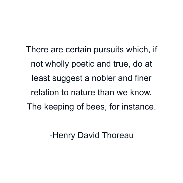 There are certain pursuits which, if not wholly poetic and true, do at least suggest a nobler and finer relation to nature than we know. The keeping of bees, for instance.