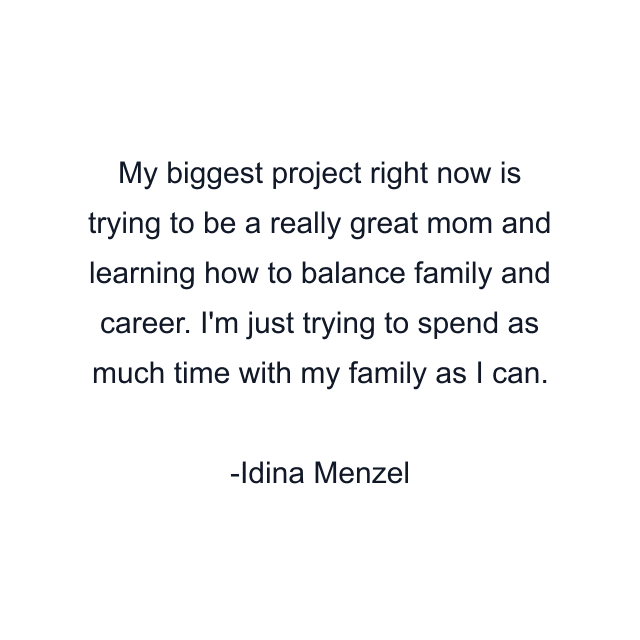 My biggest project right now is trying to be a really great mom and learning how to balance family and career. I'm just trying to spend as much time with my family as I can.