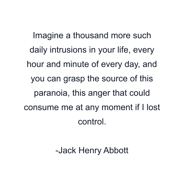 Imagine a thousand more such daily intrusions in your life, every hour and minute of every day, and you can grasp the source of this paranoia, this anger that could consume me at any moment if I lost control.