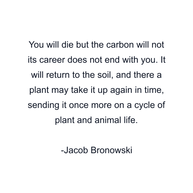 You will die but the carbon will not its career does not end with you. It will return to the soil, and there a plant may take it up again in time, sending it once more on a cycle of plant and animal life.