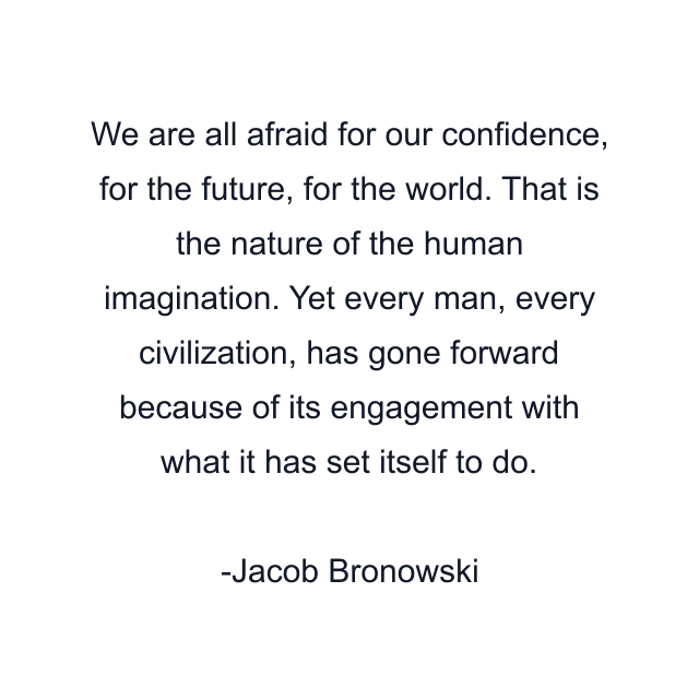 We are all afraid for our confidence, for the future, for the world. That is the nature of the human imagination. Yet every man, every civilization, has gone forward because of its engagement with what it has set itself to do.