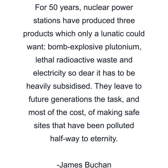 For 50 years, nuclear power stations have produced three products which only a lunatic could want: bomb-explosive plutonium, lethal radioactive waste and electricity so dear it has to be heavily subsidised. They leave to future generations the task, and most of the cost, of making safe sites that have been polluted half-way to eternity.