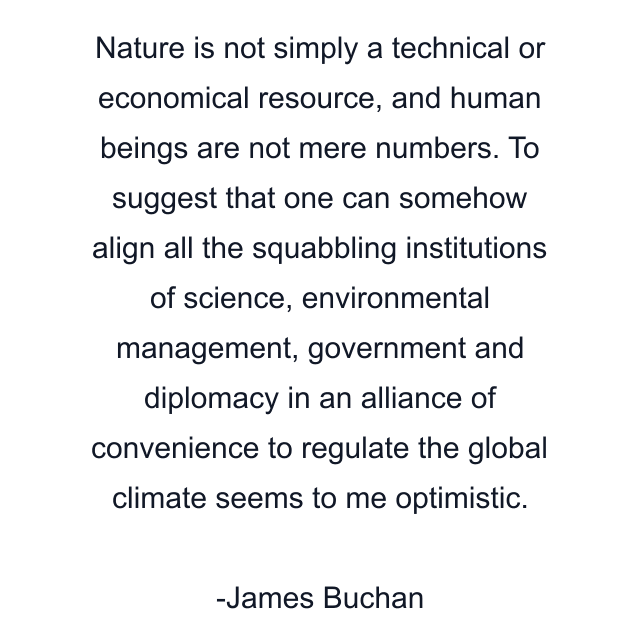 Nature is not simply a technical or economical resource, and human beings are not mere numbers. To suggest that one can somehow align all the squabbling institutions of science, environmental management, government and diplomacy in an alliance of convenience to regulate the global climate seems to me optimistic.