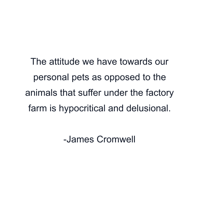 The attitude we have towards our personal pets as opposed to the animals that suffer under the factory farm is hypocritical and delusional.