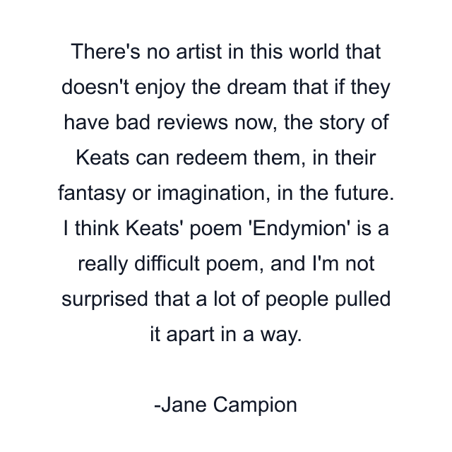 There's no artist in this world that doesn't enjoy the dream that if they have bad reviews now, the story of Keats can redeem them, in their fantasy or imagination, in the future. I think Keats' poem 'Endymion' is a really difficult poem, and I'm not surprised that a lot of people pulled it apart in a way.