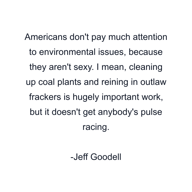 Americans don't pay much attention to environmental issues, because they aren't sexy. I mean, cleaning up coal plants and reining in outlaw frackers is hugely important work, but it doesn't get anybody's pulse racing.