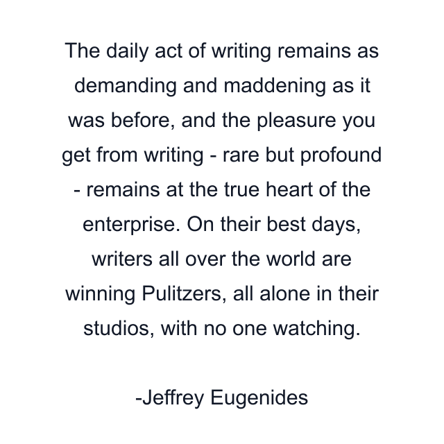 The daily act of writing remains as demanding and maddening as it was before, and the pleasure you get from writing - rare but profound - remains at the true heart of the enterprise. On their best days, writers all over the world are winning Pulitzers, all alone in their studios, with no one watching.