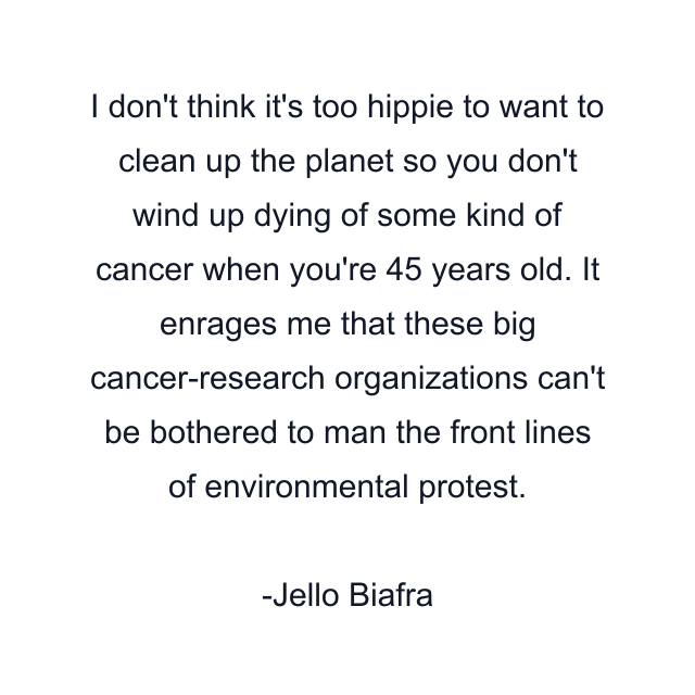 I don't think it's too hippie to want to clean up the planet so you don't wind up dying of some kind of cancer when you're 45 years old. It enrages me that these big cancer-research organizations can't be bothered to man the front lines of environmental protest.